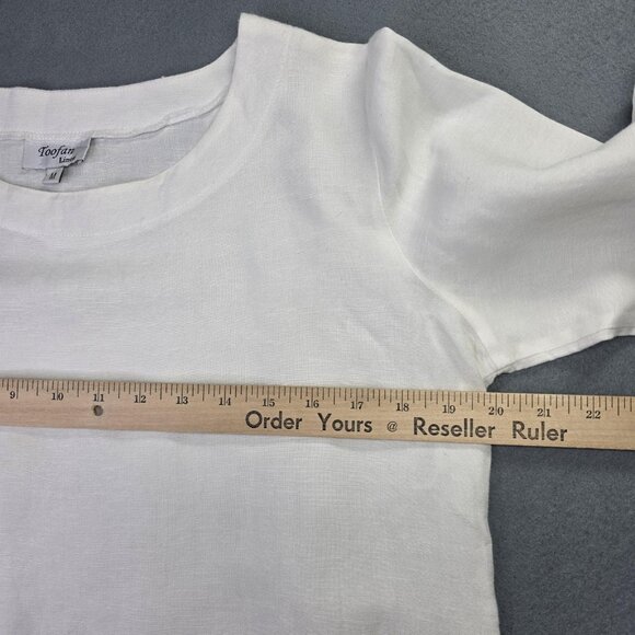 Toofan Linen Shirt Women M White Linen 3/4 Sleeve Raw Hem Pocket Boho Minimalist - Picture 6 of 10